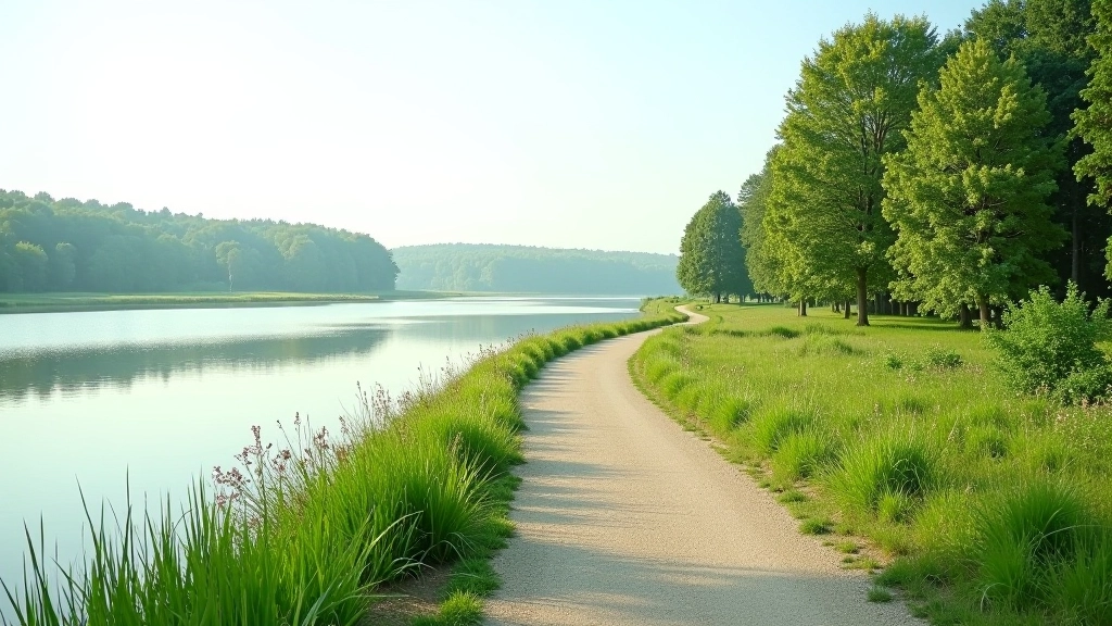 Nuotrauka žaliavimo kelio aplinkoje su tvenkiniu horizonte